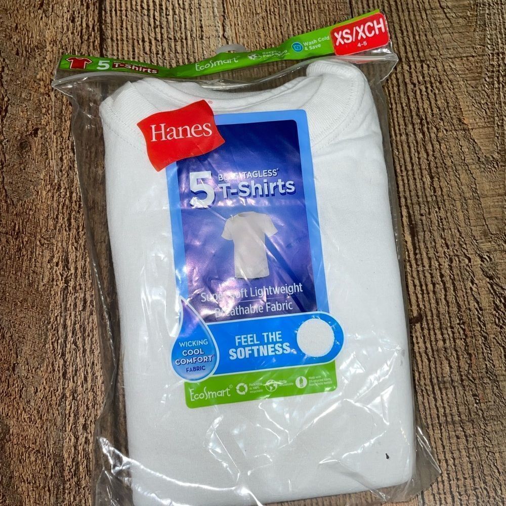 💜 Kids Boys Hanes 5 count Tagless White T-Shirts Undershirts, XS 4-5 new